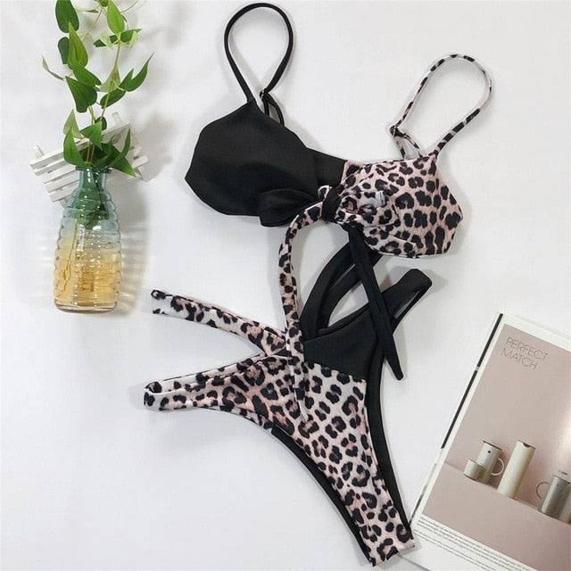 Half Leopard Printed Two Piece Bikini Set
